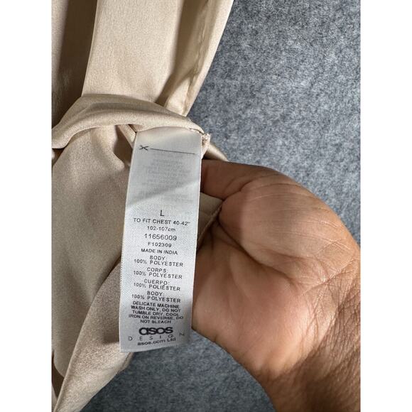 Asos Design Blouse Women Large Gold Short Sleeve Collar Satin Button Front Caree - Picture 3 of 7